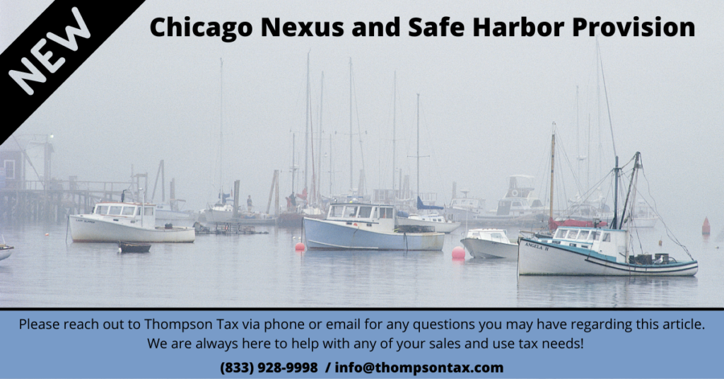 Flyer with boats in the Chicago harbor that mentions the Chicago nexus and safe harbor provisions 