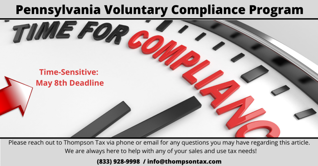 A clock that says "time for compliance" in regards to the Pennsylvania voluntary compliance program
