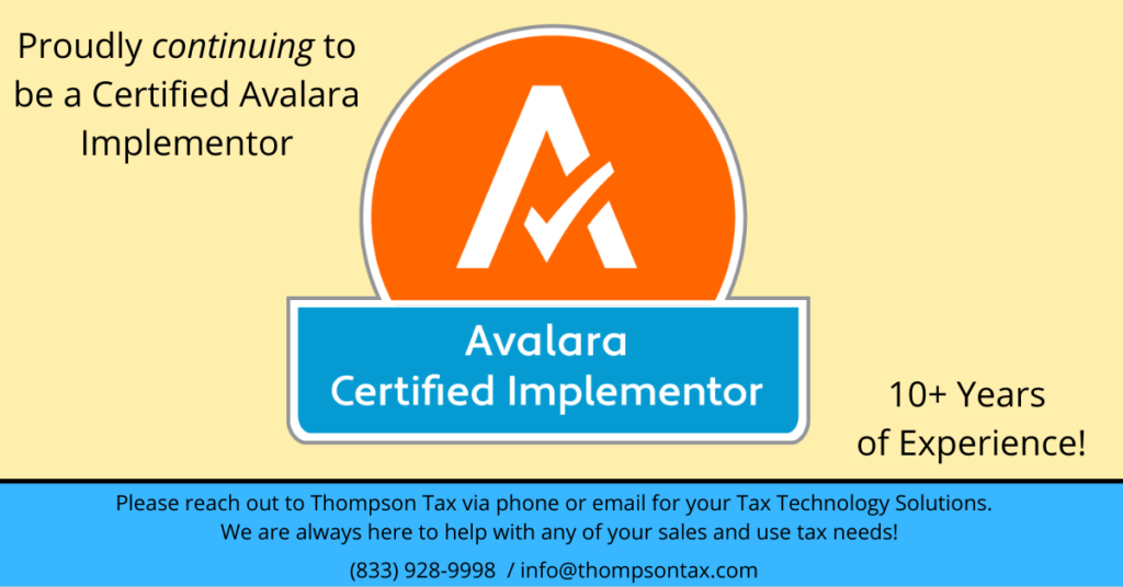 Logo of Avalara Certification used to show Thompson Tax is certified