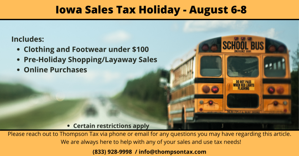 Iowa Sales Tax Holiday August 68 Thompson Tax