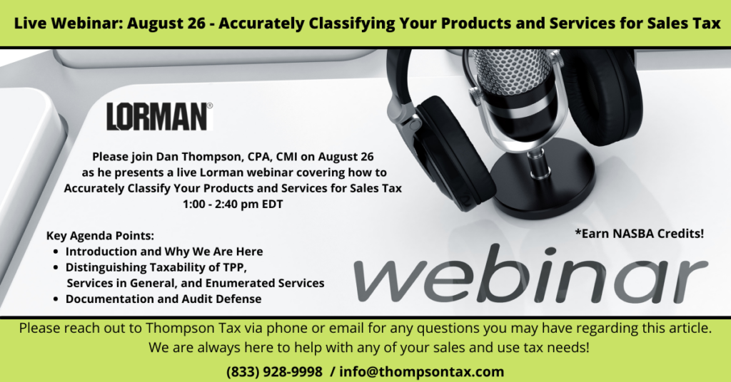 A table with a mic and headset highlighting a webinar teaching the classification of products for sales tax