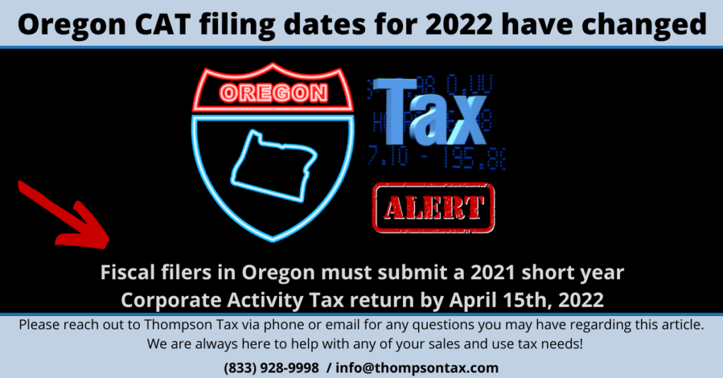 Oregon state sign with an alert symbol next to it to bring attention to the changing of the filing dates for the Oregon corporate activity tax