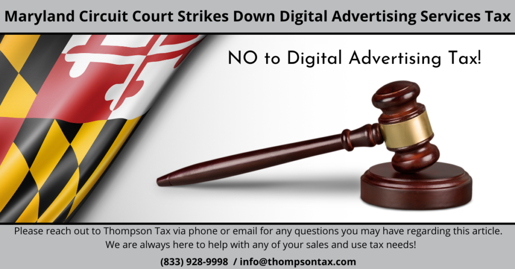 A poster with the Maryland state flag and a gavel to bring awareness to Maryland's digital advertising services tax