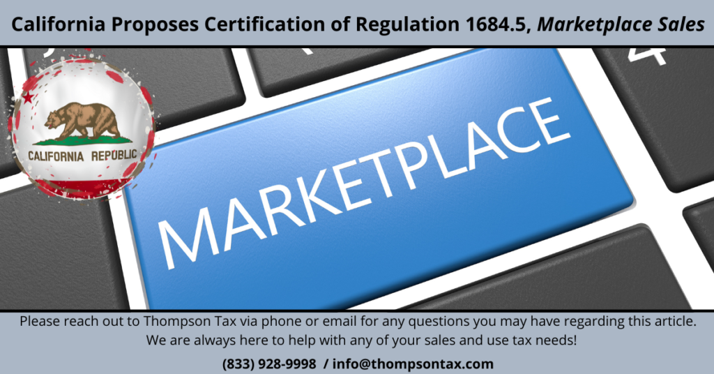 Key on a keyboard that says "marketplace" highlighting California regulation 1684.5 
