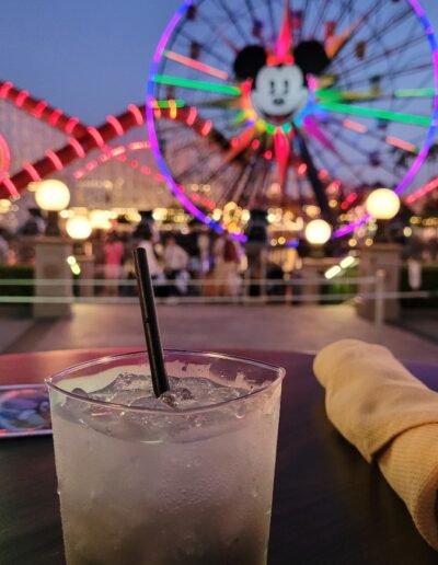 Close Up of a Glass with Beverage and the Disney Park in the Background