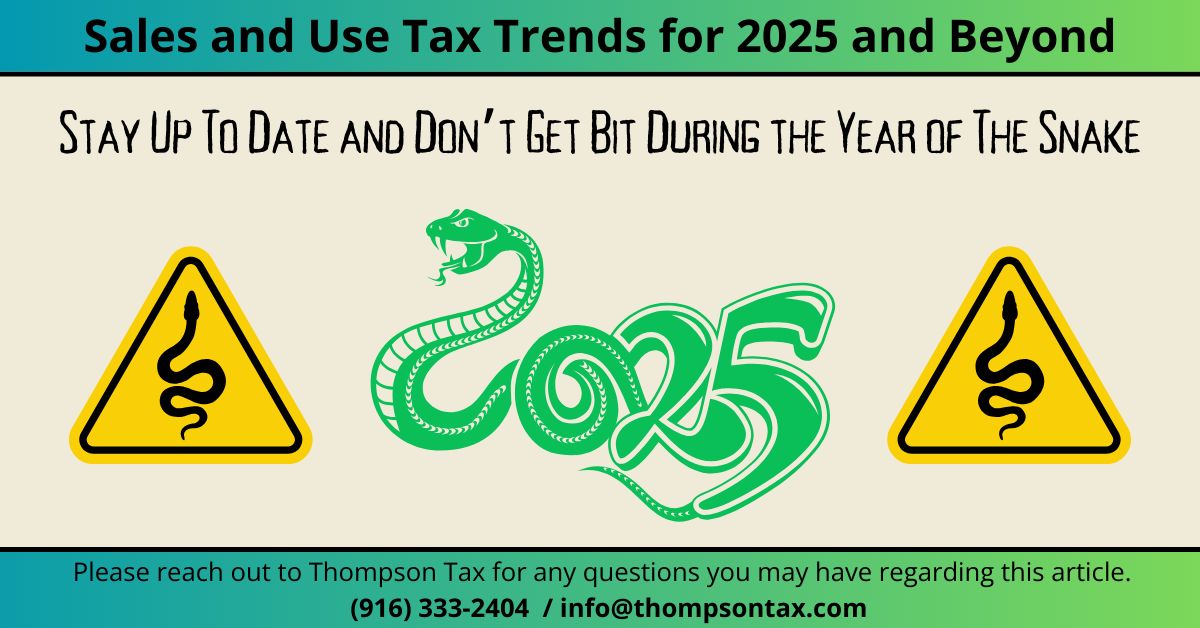 Concept of Snake and Road Signs with Sales and Use Tax Trends for 2025 Text